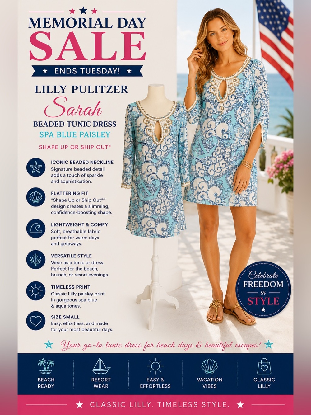 Lilly Pulitzer Sarah Shift Tunic Dress S Spa Blue Shape Up or Ship Out Beaded